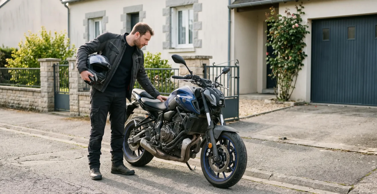 Un motard tient son casque sous le bras et inspecte sa moto stationnée devant une maison française.