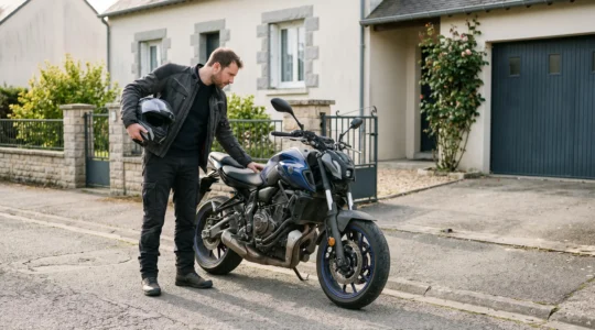 Un motard tient son casque sous le bras et inspecte sa moto stationnée devant une maison française.