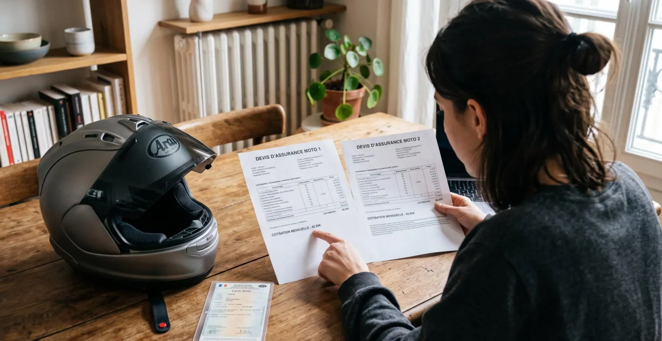 Une motarde compare deux devis d'assurance moto posés sur une table, son casque et sa carte grise à côté d'elle.
