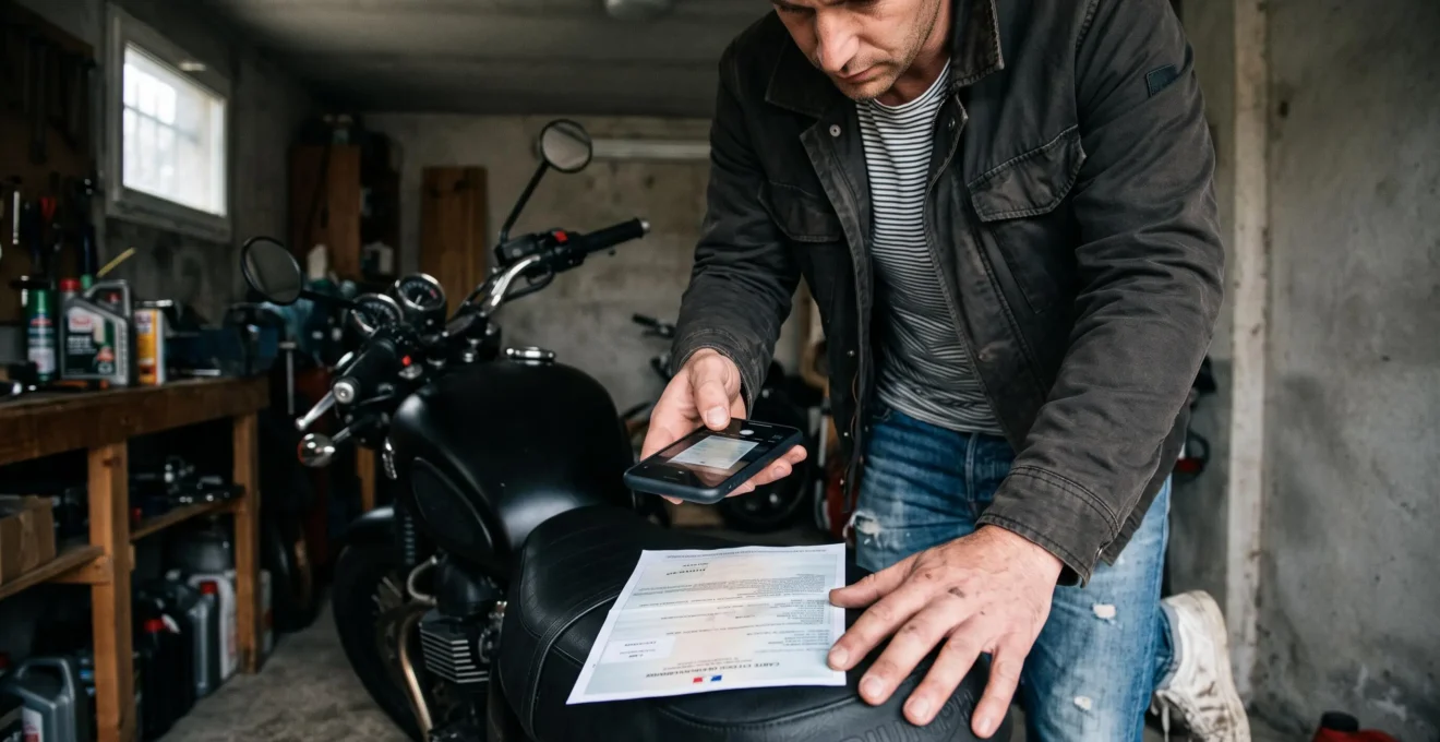 Un propriétaire photographie la carte grise de sa moto posée sur la selle avec son smartphone dans un garage.